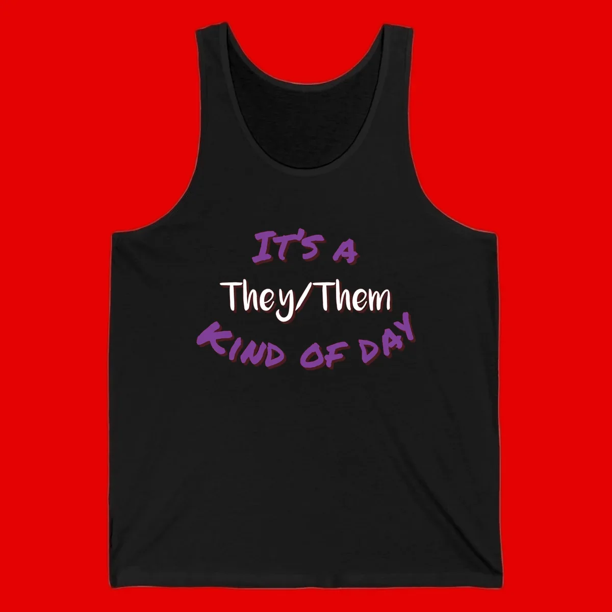 Purple 3D text reading 'IT'S 4 They/Them PROUD OF ME' with shadow effects on gray background