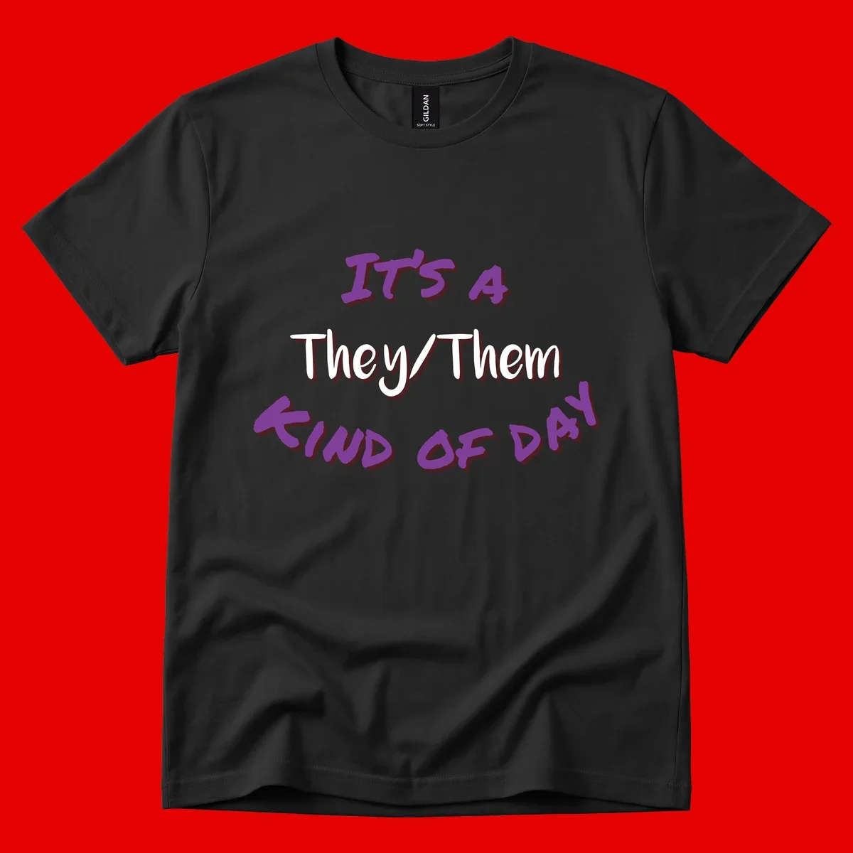 Purple 3D text reading 'IT'S 4 They/Them PROUD OF ME' with shadow effects on gray background