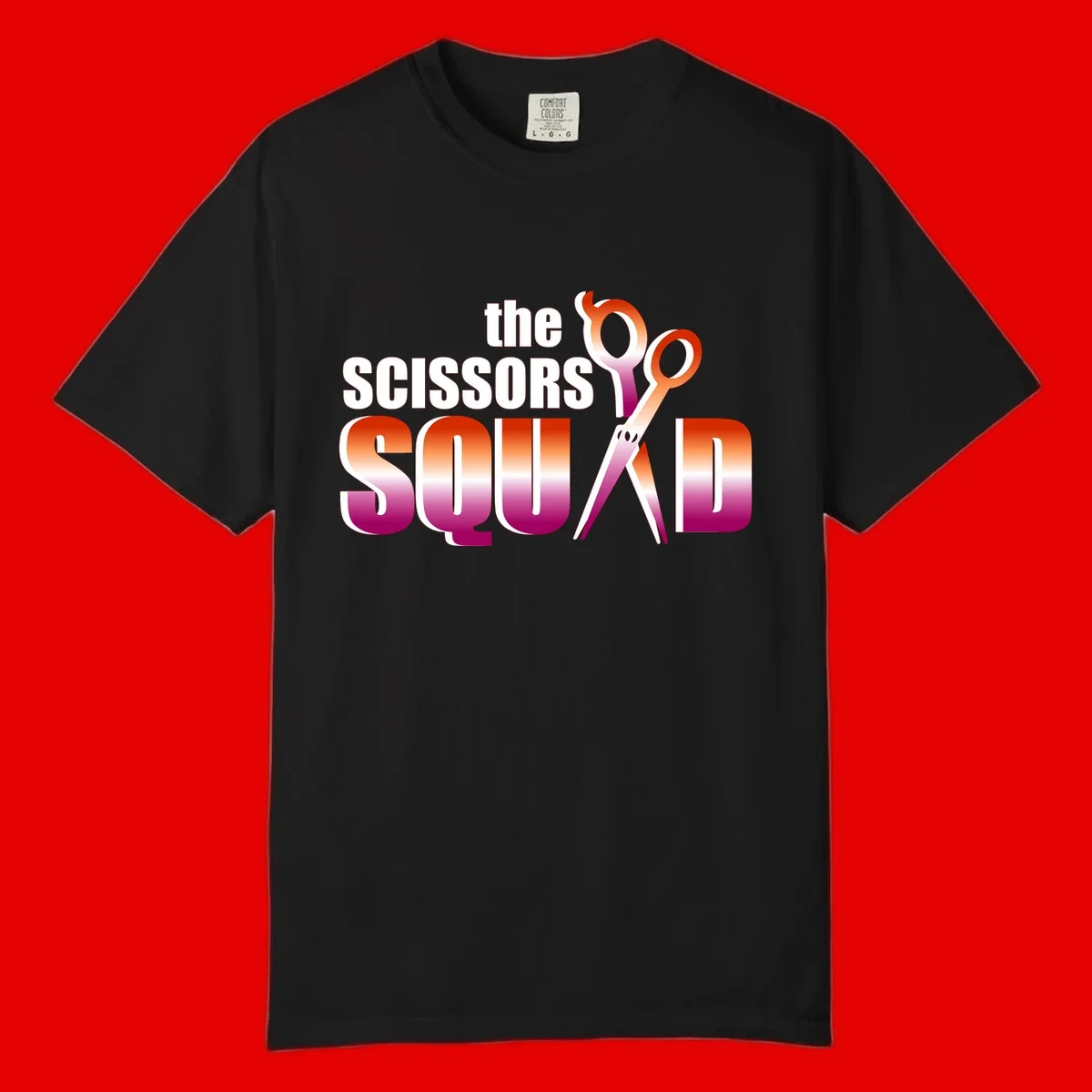 Scissors Squad design featuring gradient red to magenta scissors with bold white text, perfect for hairstylist and beauty professional apparel