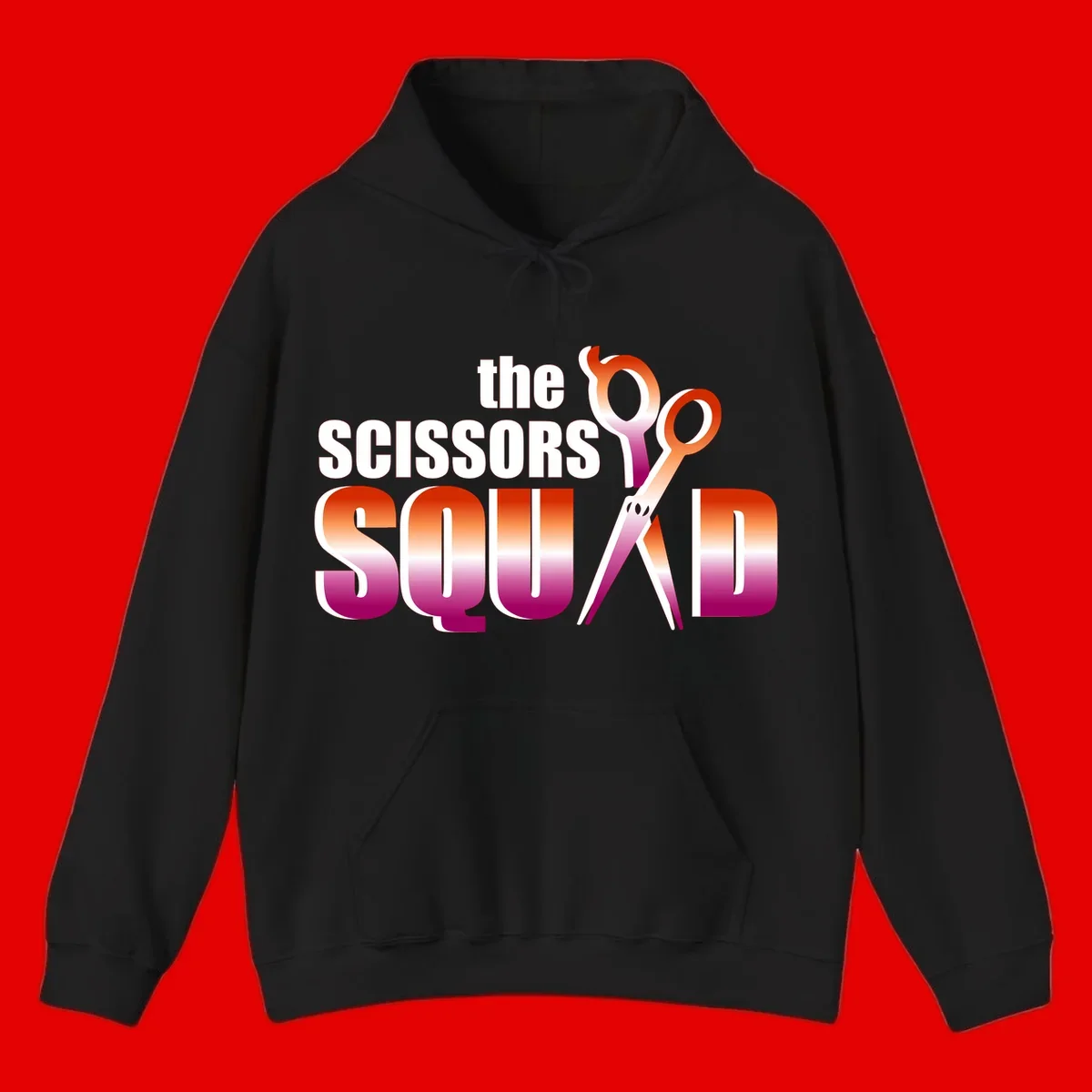 Scissors Squad design featuring gradient red to magenta scissors with bold white text, perfect for hairstylist and beauty professional apparel