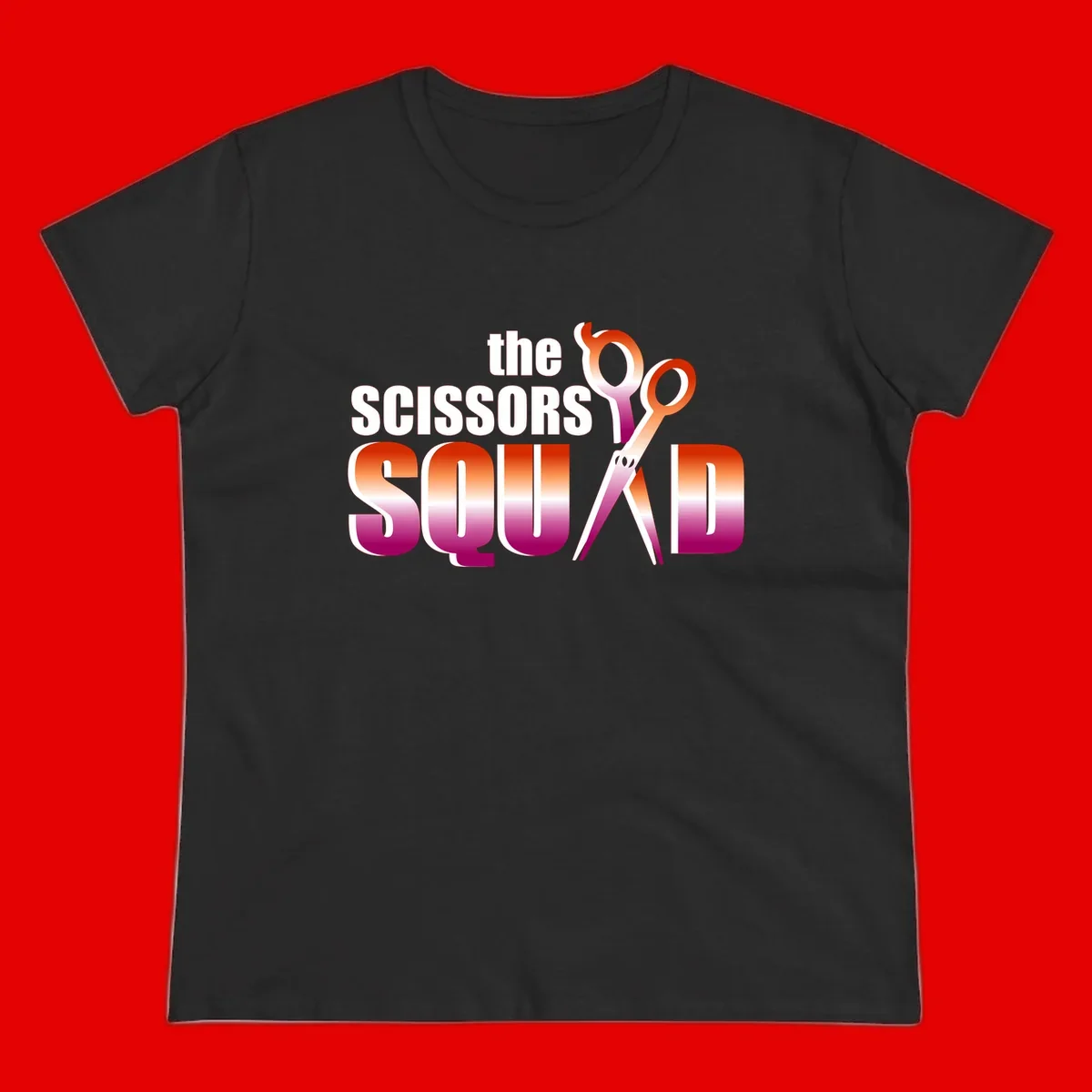 Scissors Squad design featuring gradient red to magenta scissors with bold white text, perfect for hairstylist and beauty professional apparel