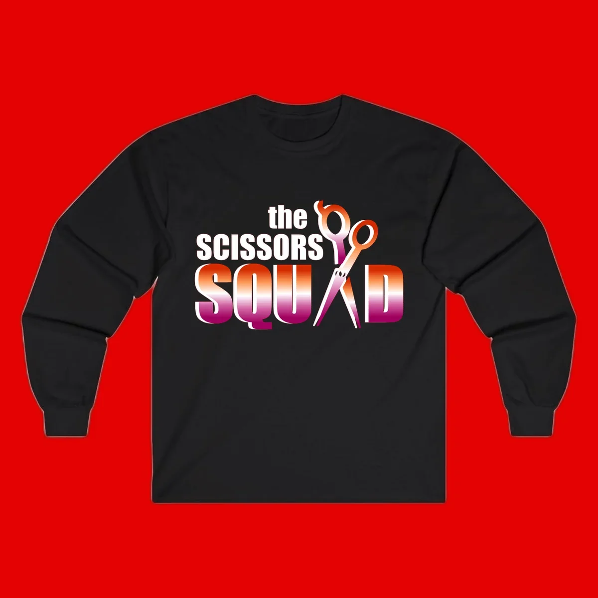 Scissors Squad design featuring gradient red to magenta scissors with bold white text, perfect for hairstylist and beauty professional apparel