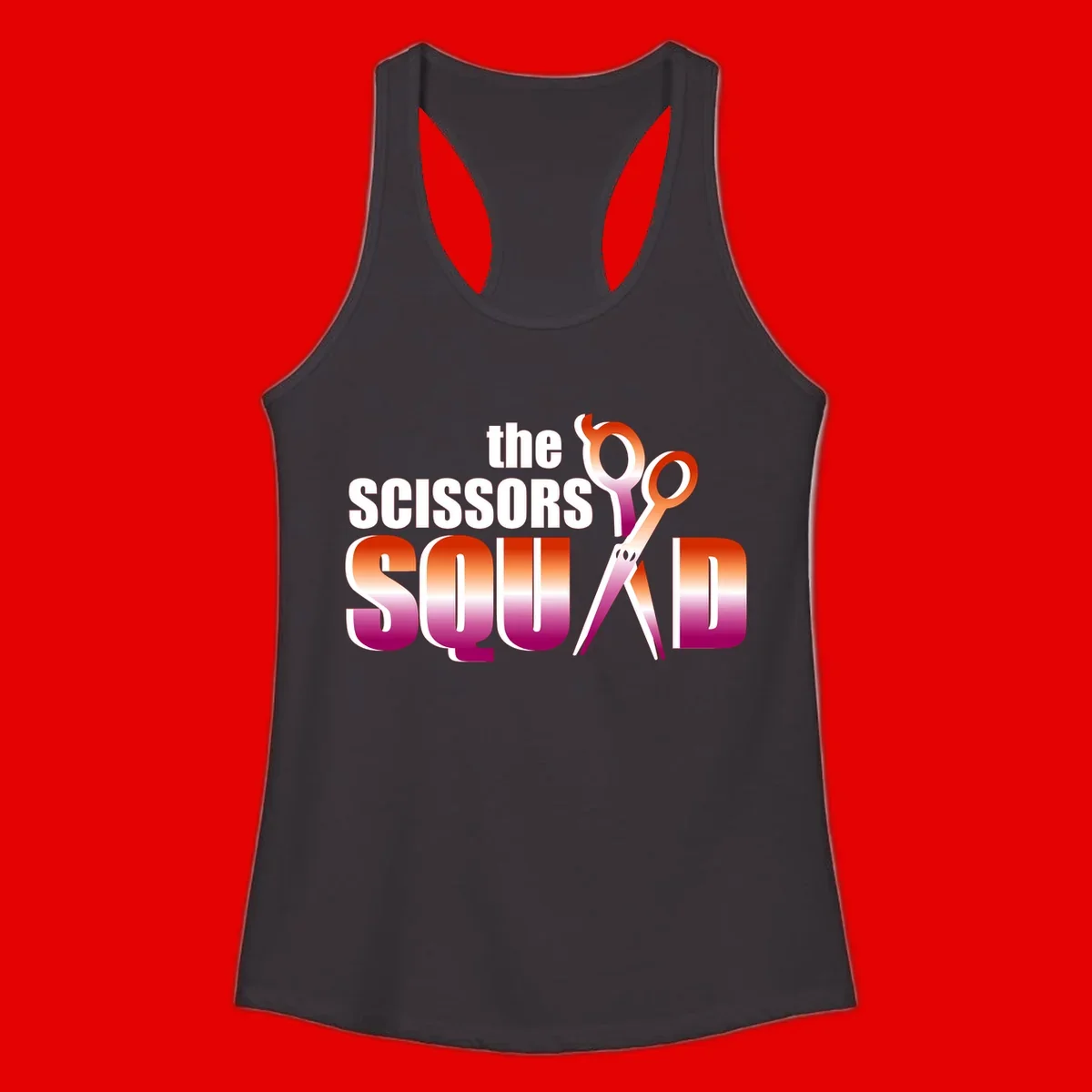 Scissors Squad design featuring gradient red to magenta scissors with bold white text, perfect for hairstylist and beauty professional apparel