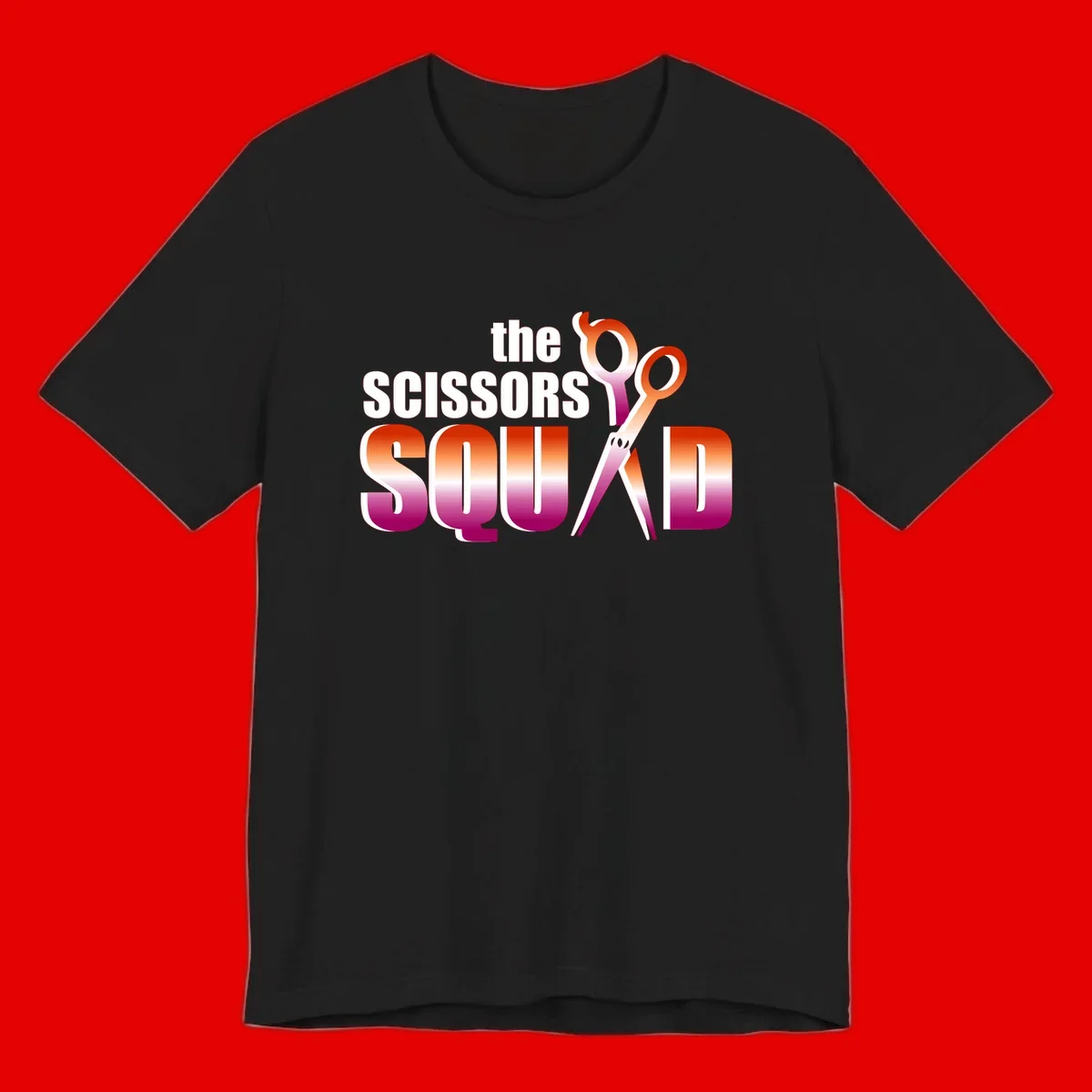 Scissors Squad design featuring gradient red to magenta scissors with bold white text, perfect for hairstylist and beauty professional apparel