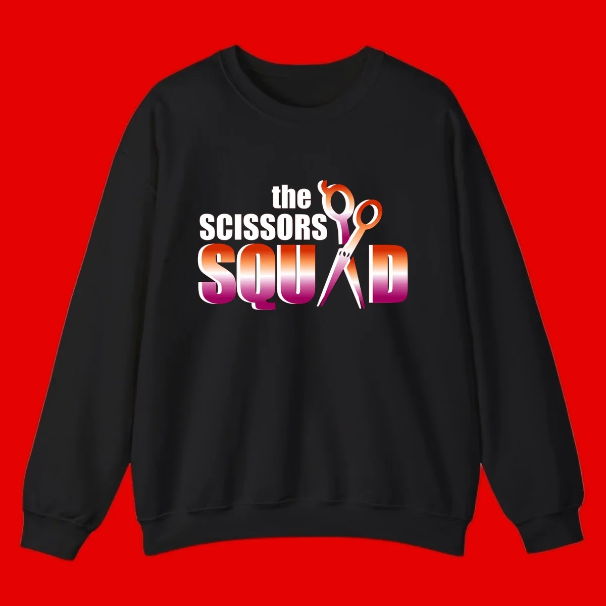 Scissors Squad design featuring gradient red to magenta scissors with bold white text, perfect for hairstylist and beauty professional apparel