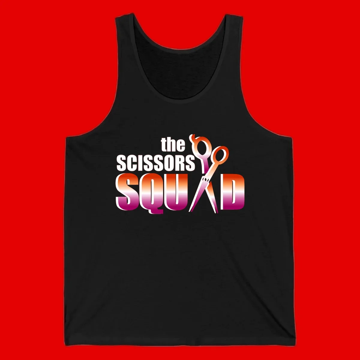 Scissors Squad design featuring gradient red to magenta scissors with bold white text, perfect for hairstylist and beauty professional apparel