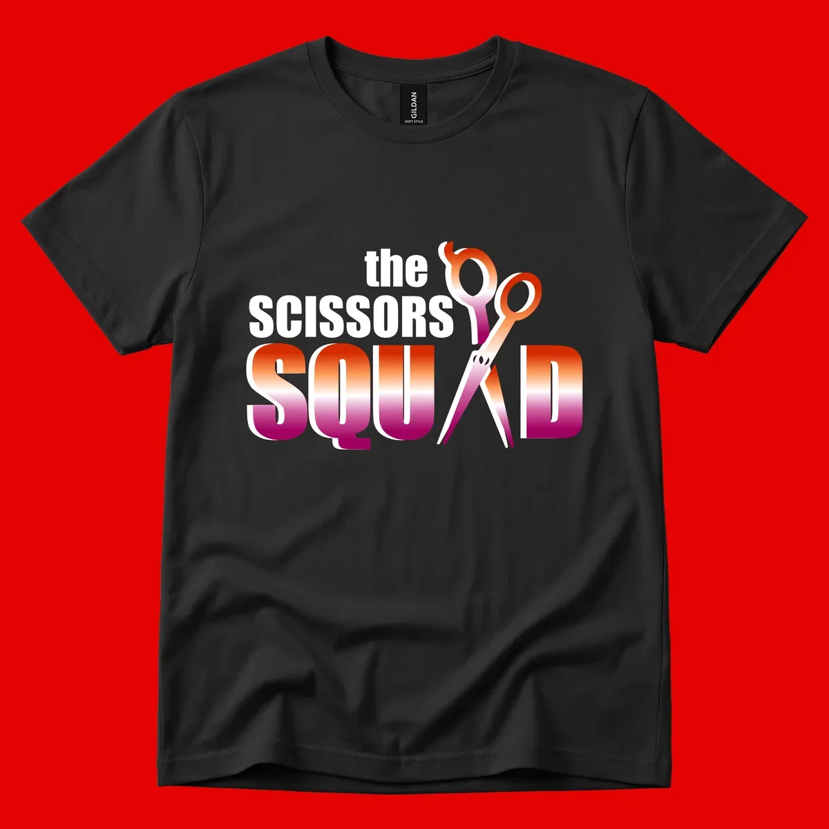 Scissors Squad design featuring gradient red to magenta scissors with bold white text, perfect for hairstylist and beauty professional apparel