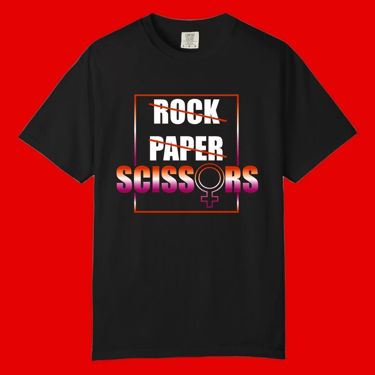 Rock paper scissors pride design with strikethrough lines, female symbol, and gradient text in orange to magenta colors