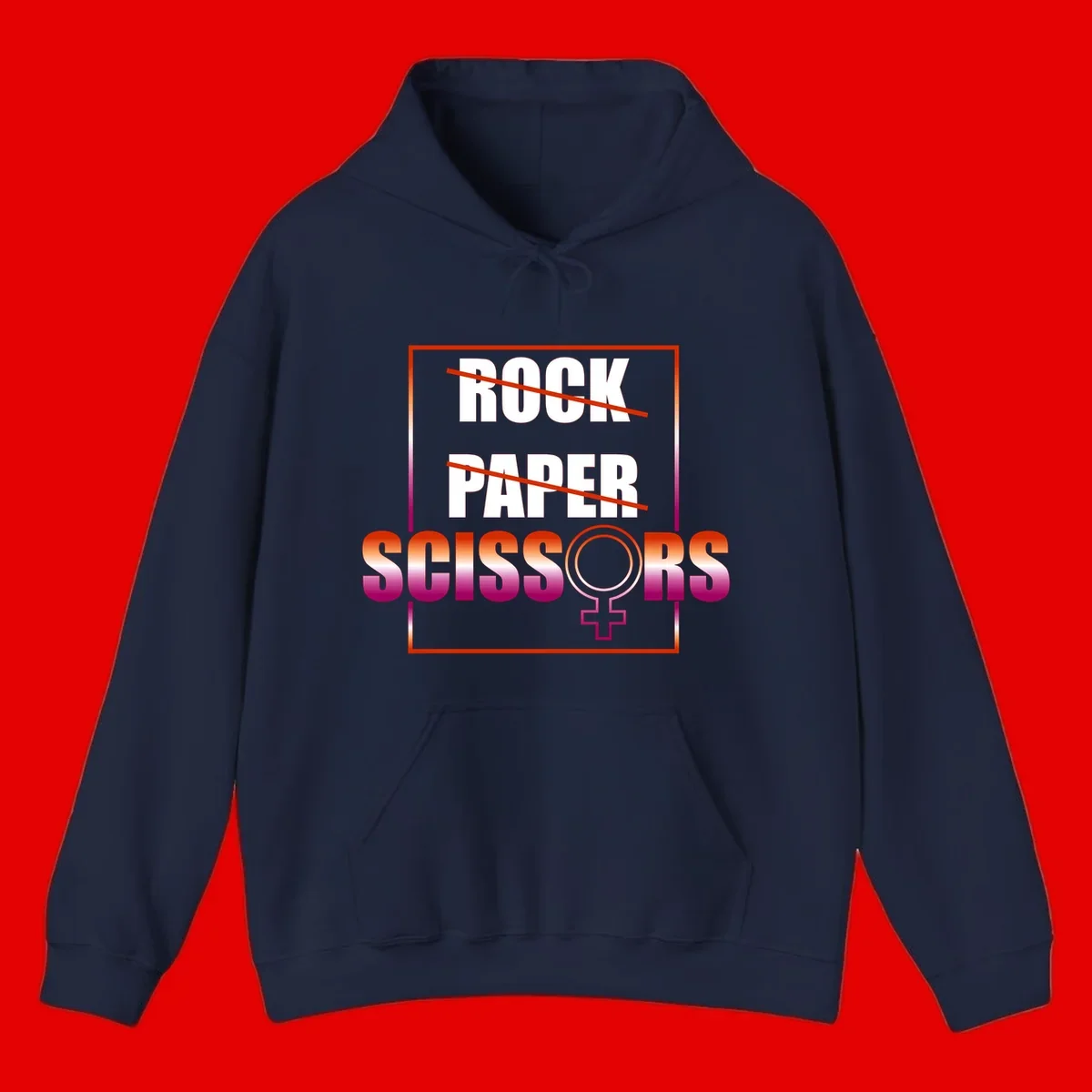 Rock paper scissors pride design with strikethrough lines, female symbol, and gradient text in orange to magenta colors