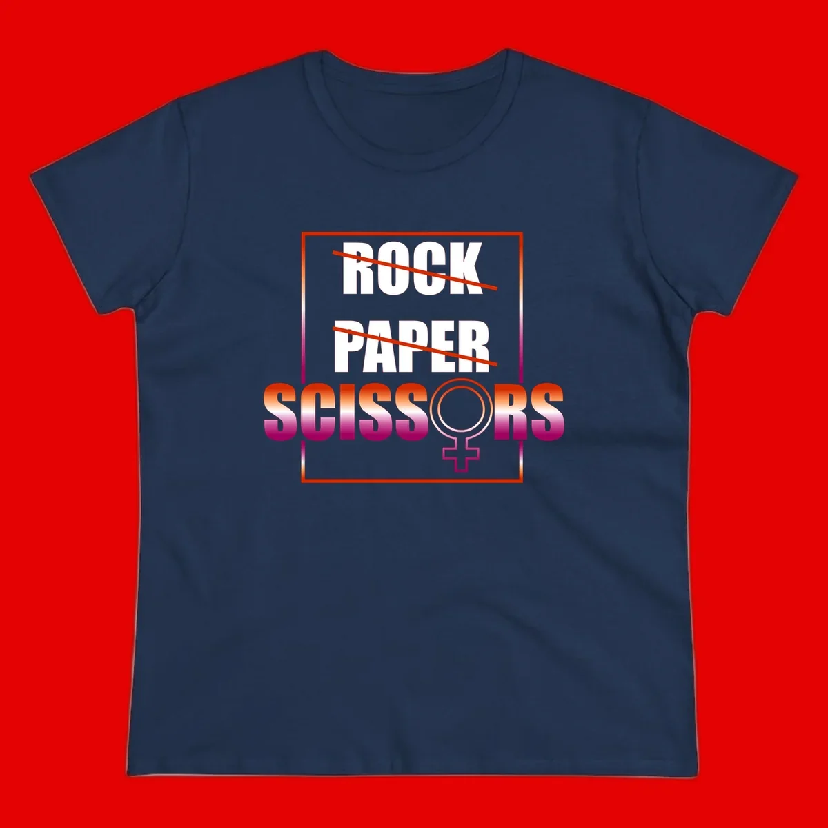 Rock paper scissors pride design with strikethrough lines, female symbol, and gradient text in orange to magenta colors