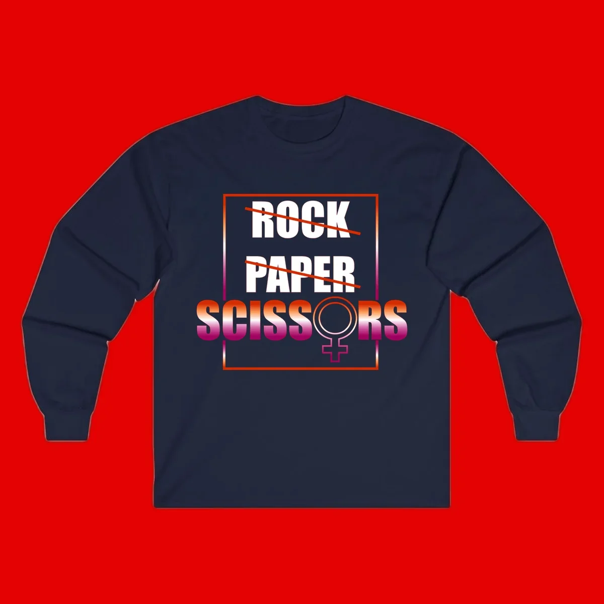 Rock paper scissors pride design with strikethrough lines, female symbol, and gradient text in orange to magenta colors