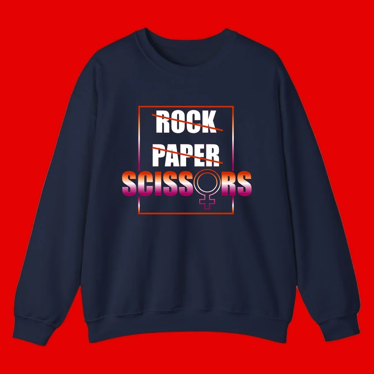 Rock paper scissors pride design with strikethrough lines, female symbol, and gradient text in orange to magenta colors