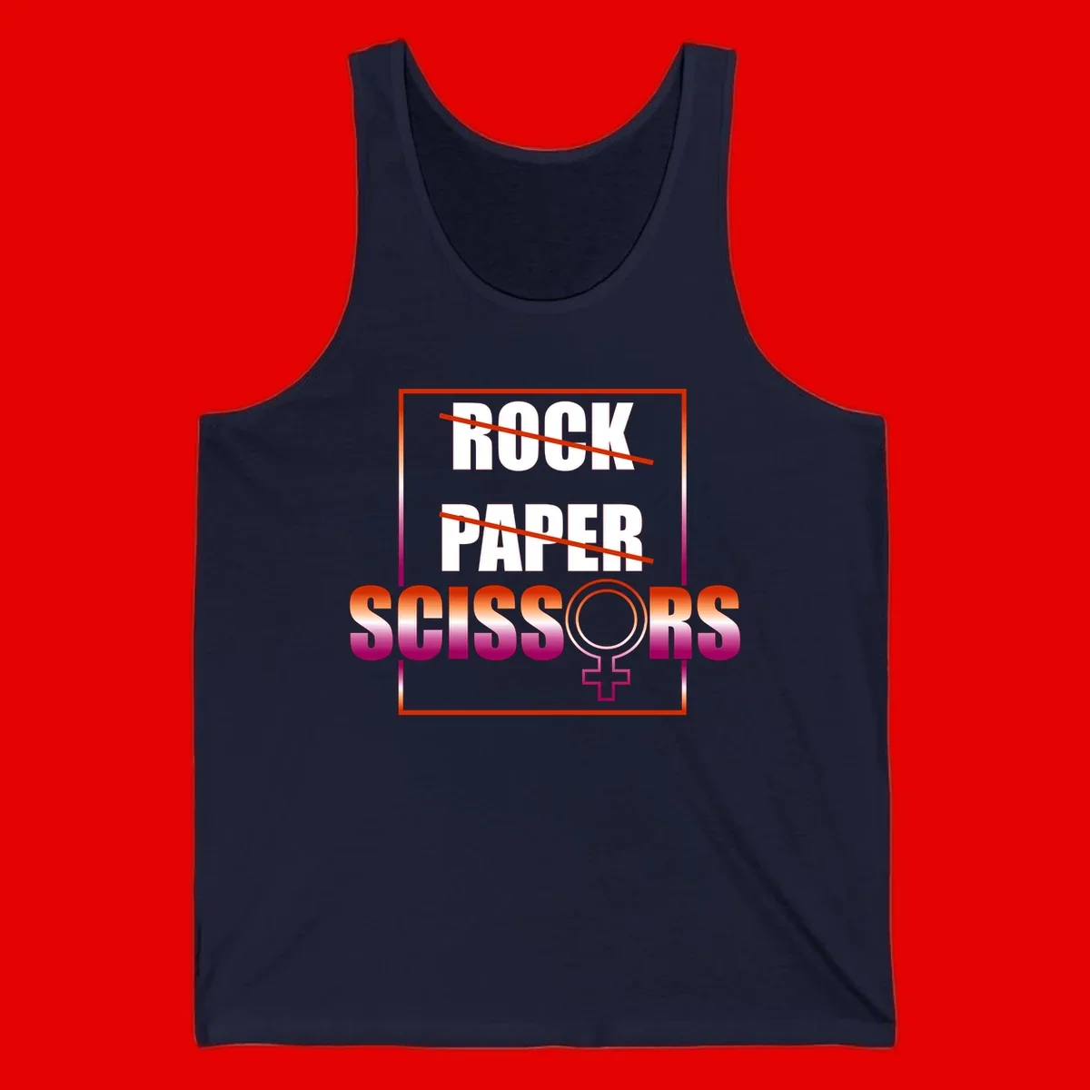 Rock paper scissors pride design with strikethrough lines, female symbol, and gradient text in orange to magenta colors