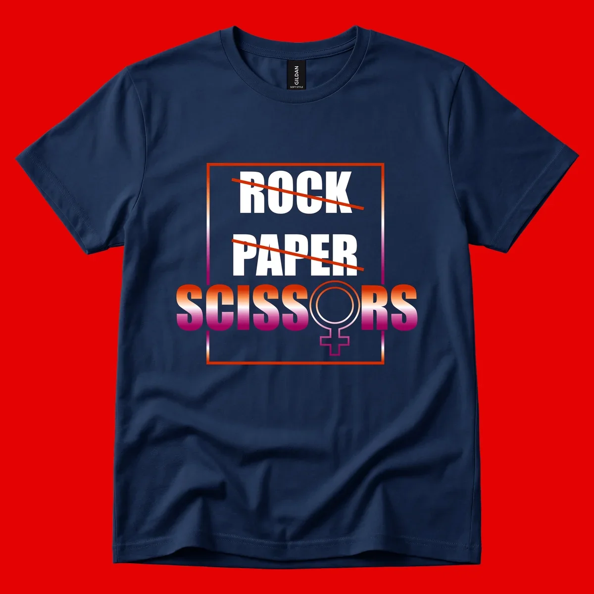Rock paper scissors pride design with strikethrough lines, female symbol, and gradient text in orange to magenta colors