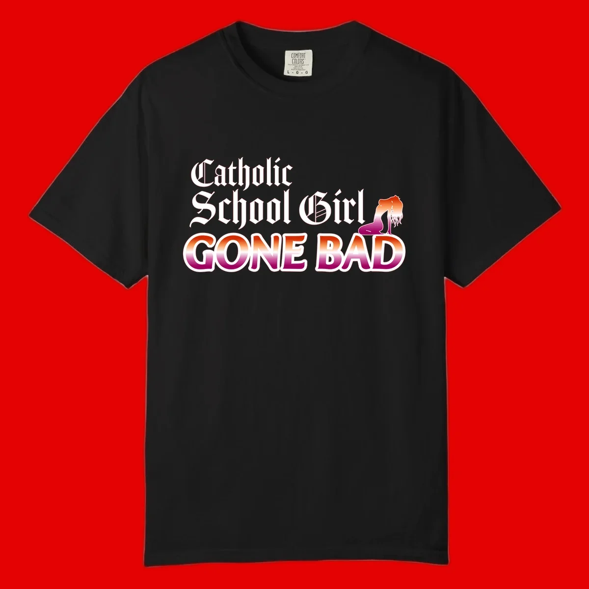 Catholic school girl gone bad design with gothic lettering in orange-to-pink gradient and silhouette figure illustration