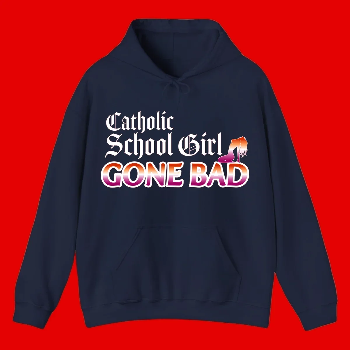 Catholic school girl gone bad design with gothic lettering in orange-to-pink gradient and silhouette figure illustration