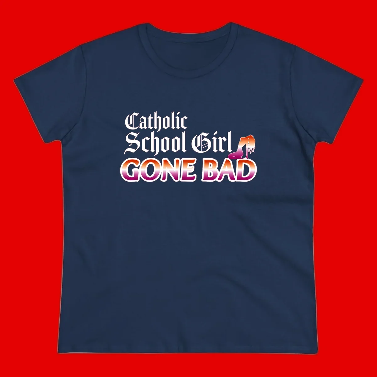 Catholic school girl gone bad design with gothic lettering in orange-to-pink gradient and silhouette figure illustration