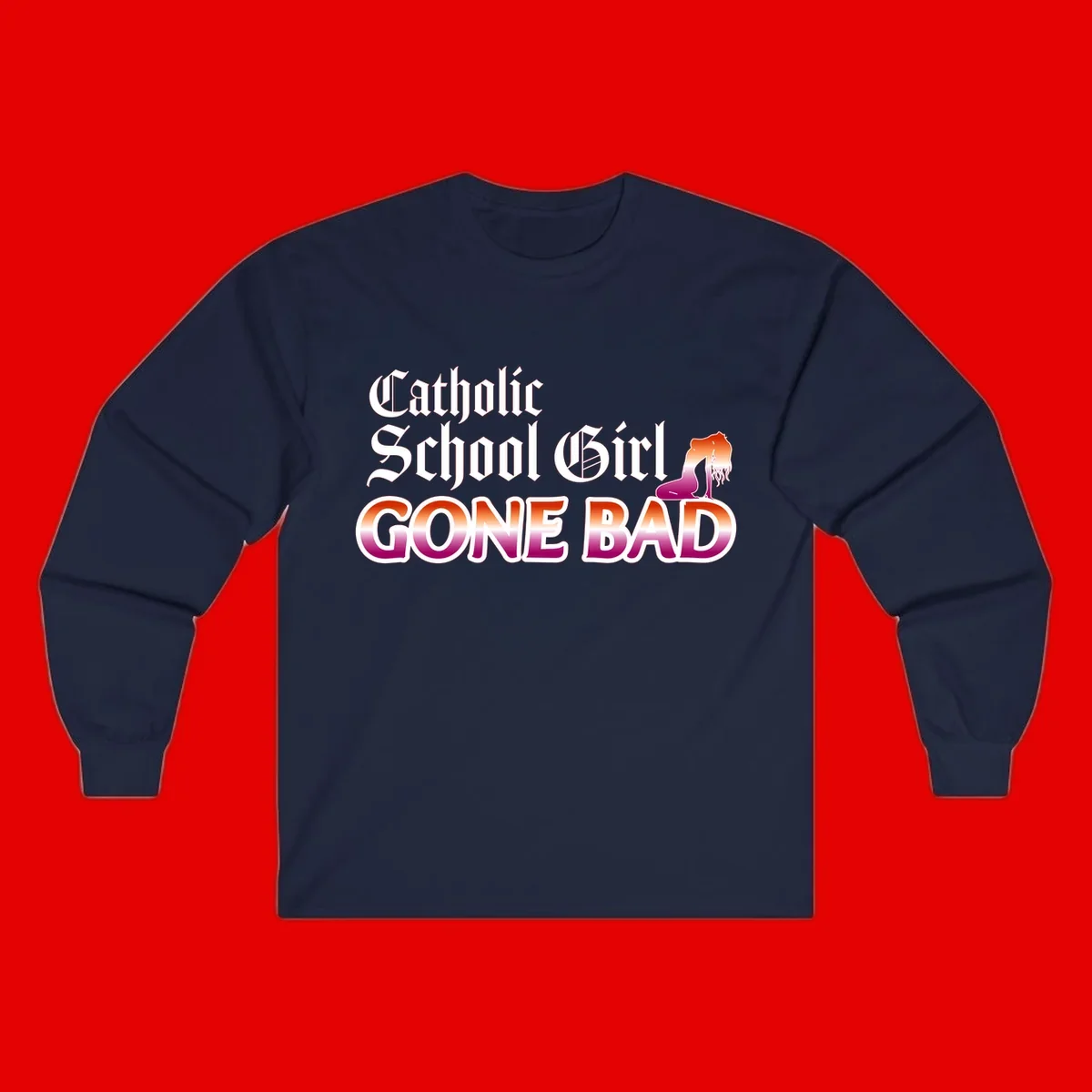 Catholic school girl gone bad design with gothic lettering in orange-to-pink gradient and silhouette figure illustration
