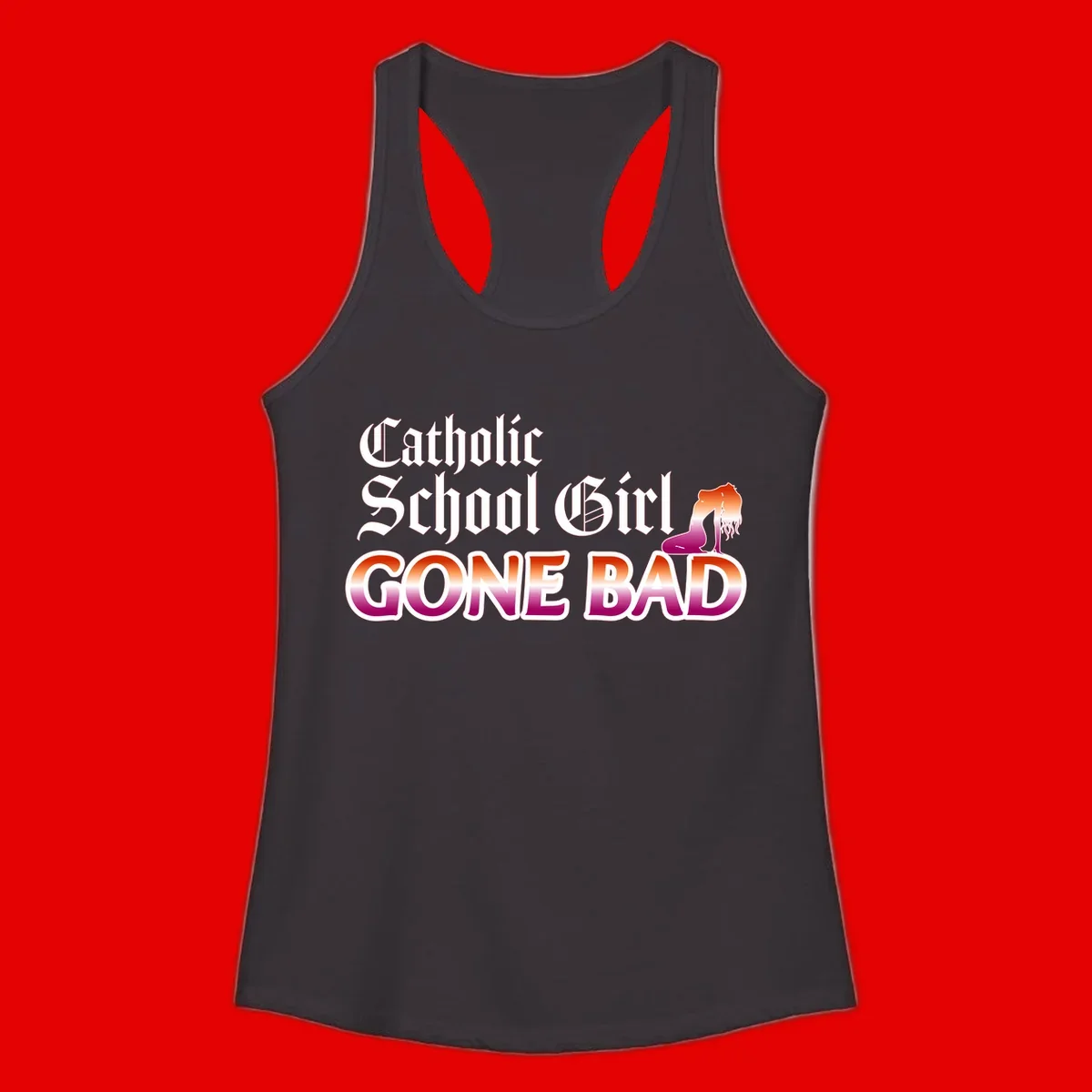 Catholic school girl gone bad design with gothic lettering in orange-to-pink gradient and silhouette figure illustration