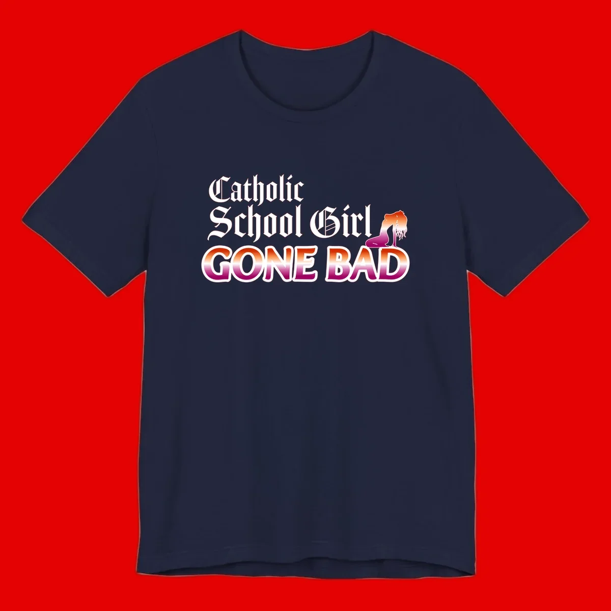 Catholic school girl gone bad design with gothic lettering in orange-to-pink gradient and silhouette figure illustration