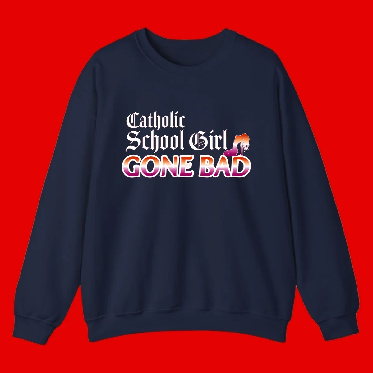 Catholic school girl gone bad design with gothic lettering in orange-to-pink gradient and silhouette figure illustration