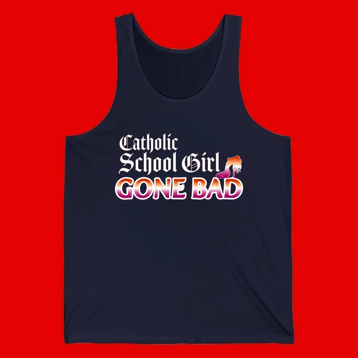 Catholic school girl gone bad design with gothic lettering in orange-to-pink gradient and silhouette figure illustration