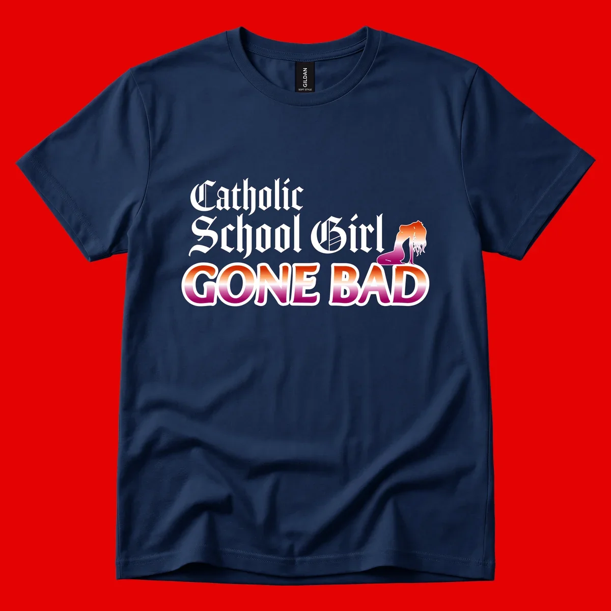 Catholic school girl gone bad design with gothic lettering in orange-to-pink gradient and silhouette figure illustration