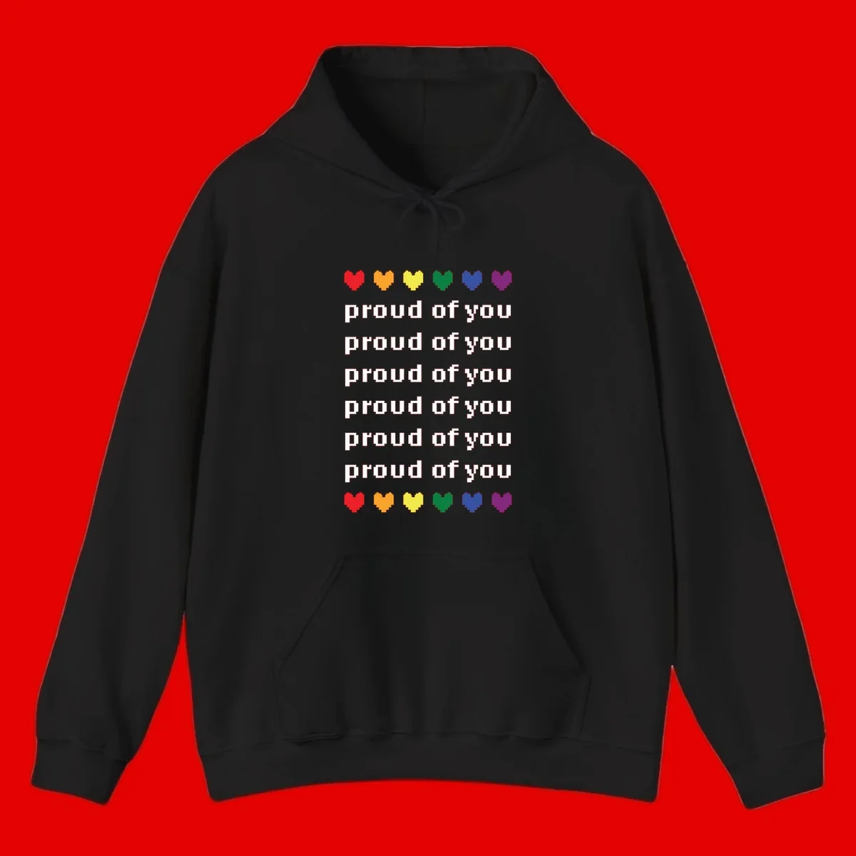 Pixelated rainbow hearts in pride flag colors with repeated 'proud of you' text on gray background