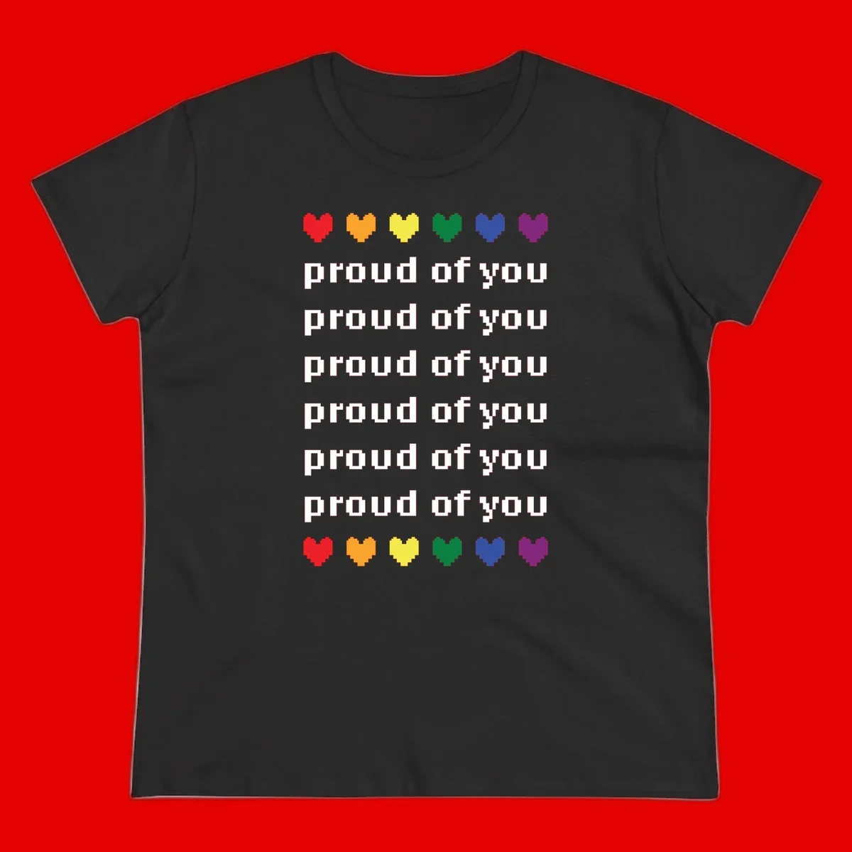 Pixelated rainbow hearts in pride flag colors with repeated 'proud of you' text on gray background