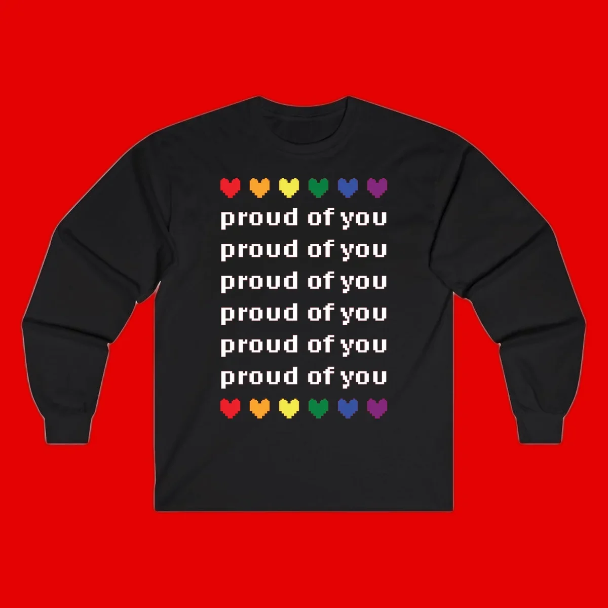 Pixelated rainbow hearts in pride flag colors with repeated 'proud of you' text on gray background