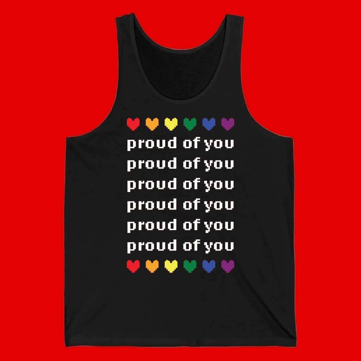 Pixelated rainbow hearts in pride flag colors with repeated 'proud of you' text on gray background