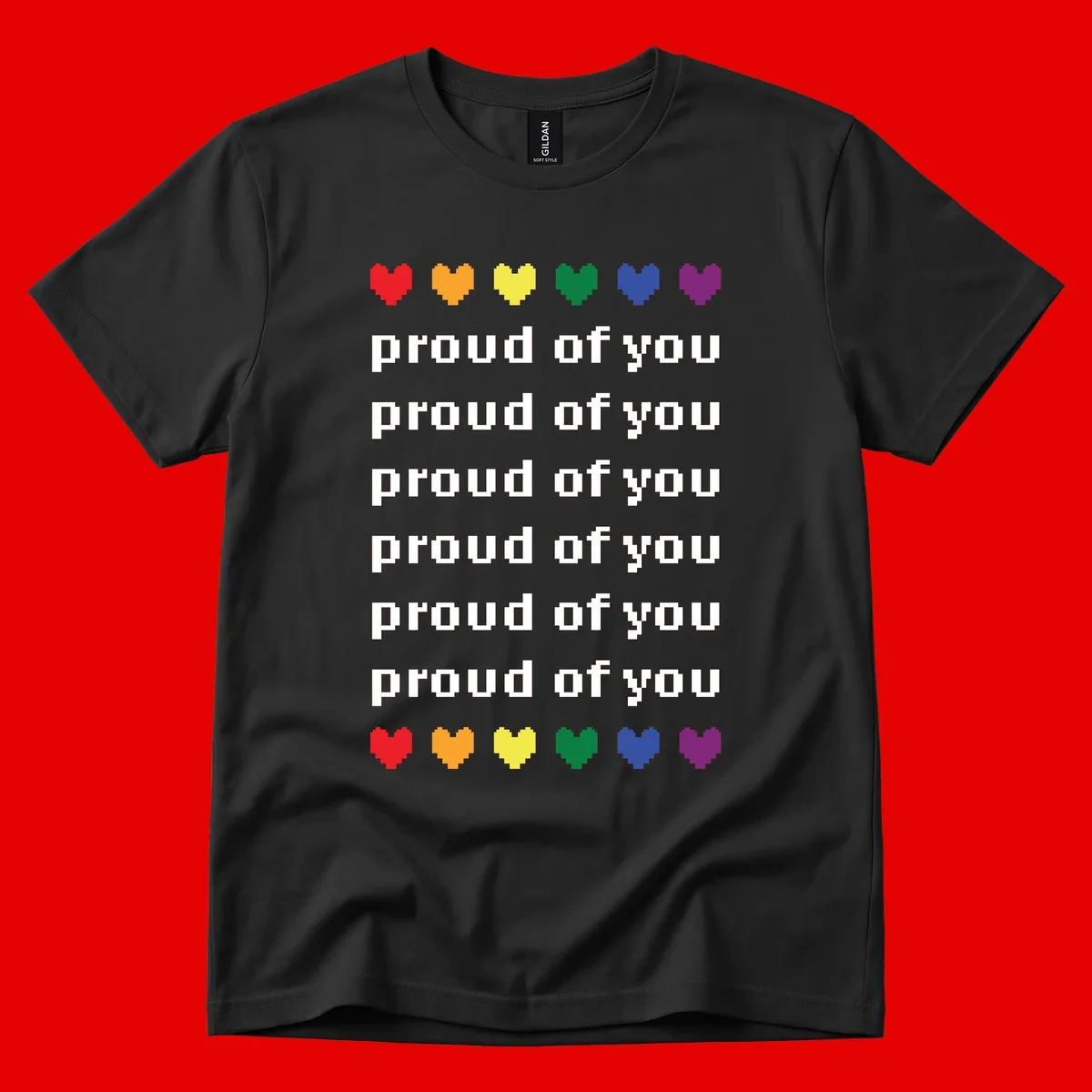 Pixelated rainbow hearts in pride flag colors with repeated 'proud of you' text on gray background