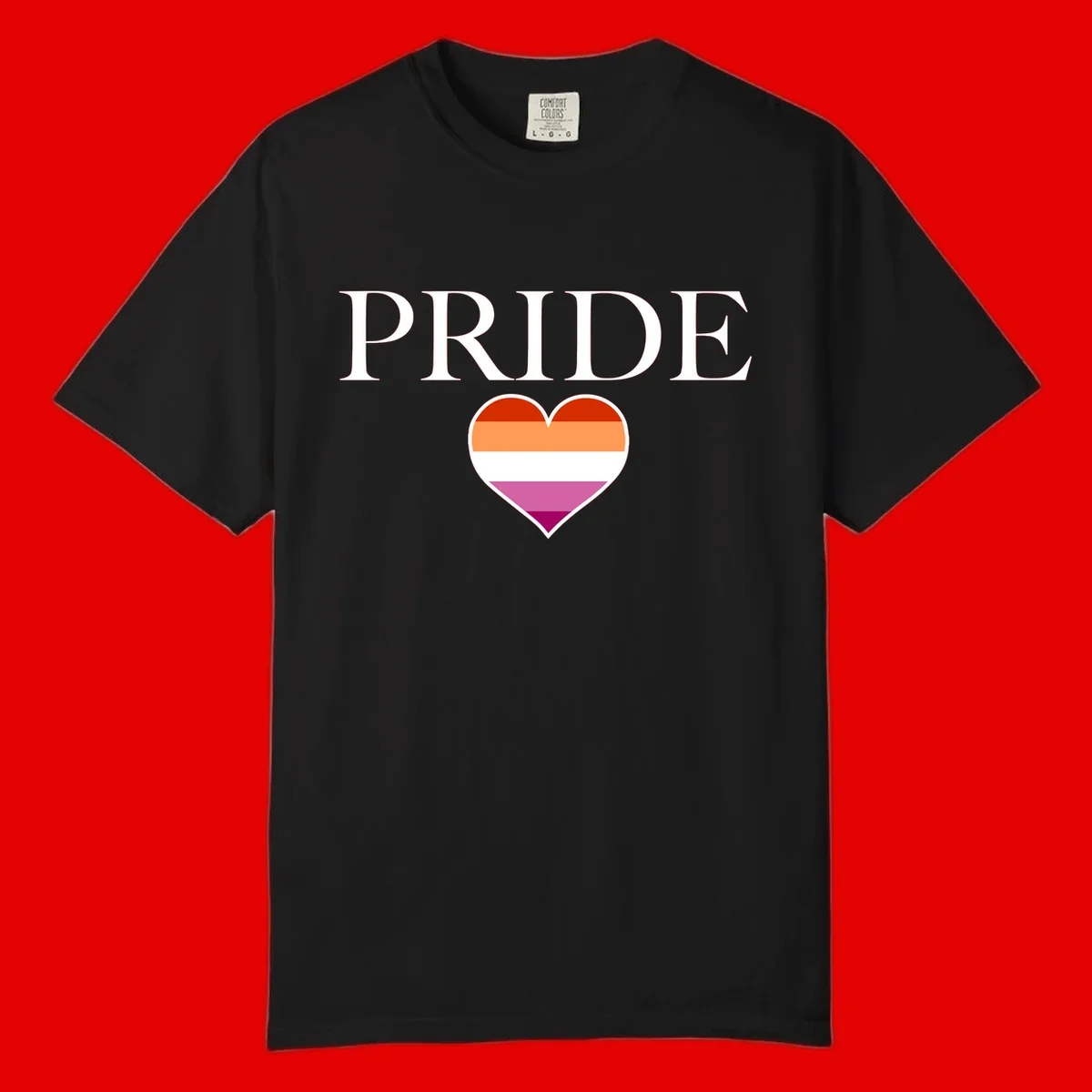 Pride flag heart design with red, orange, white, pink and magenta horizontal stripes and PRIDE text above