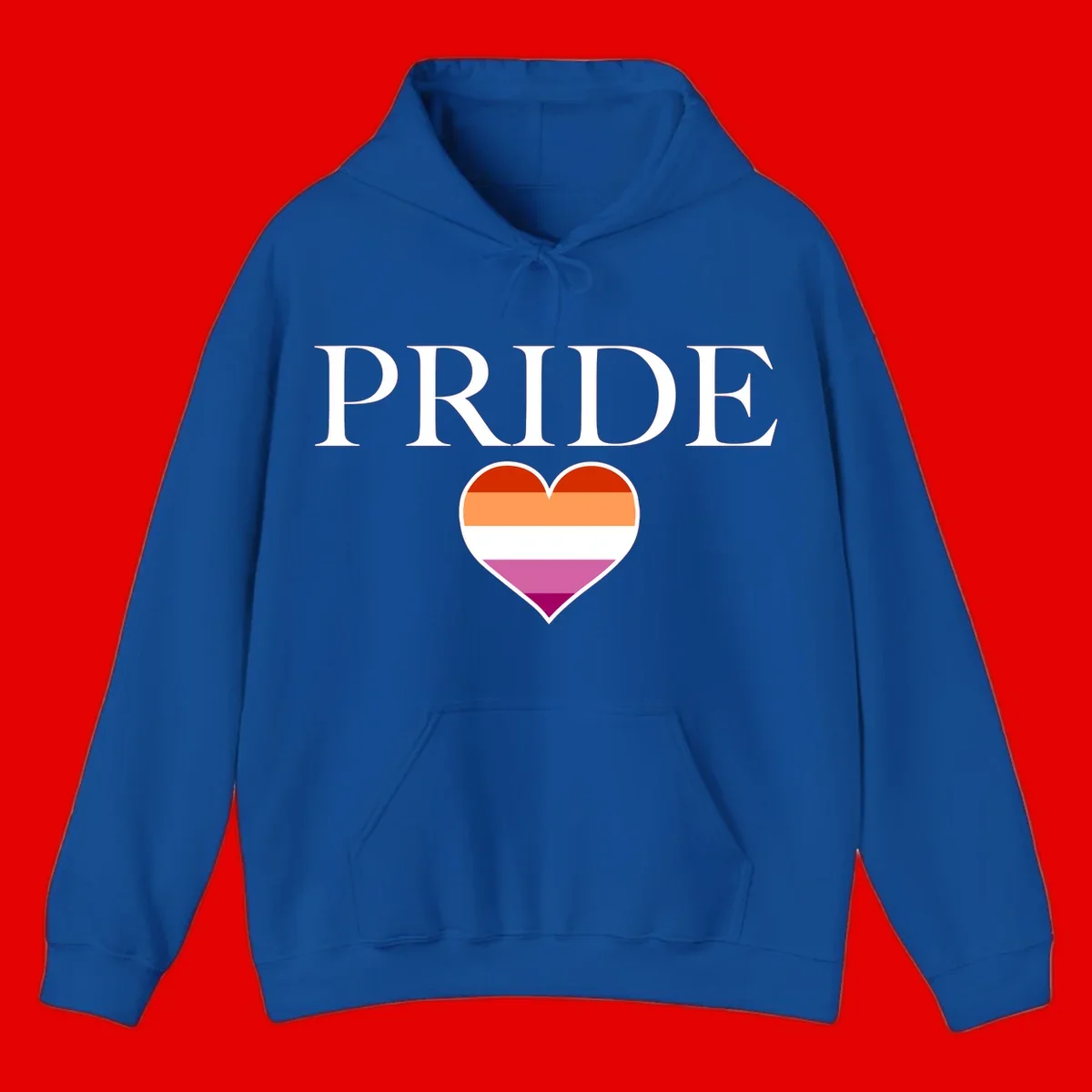 Pride flag heart design with red, orange, white, pink and magenta horizontal stripes and PRIDE text above