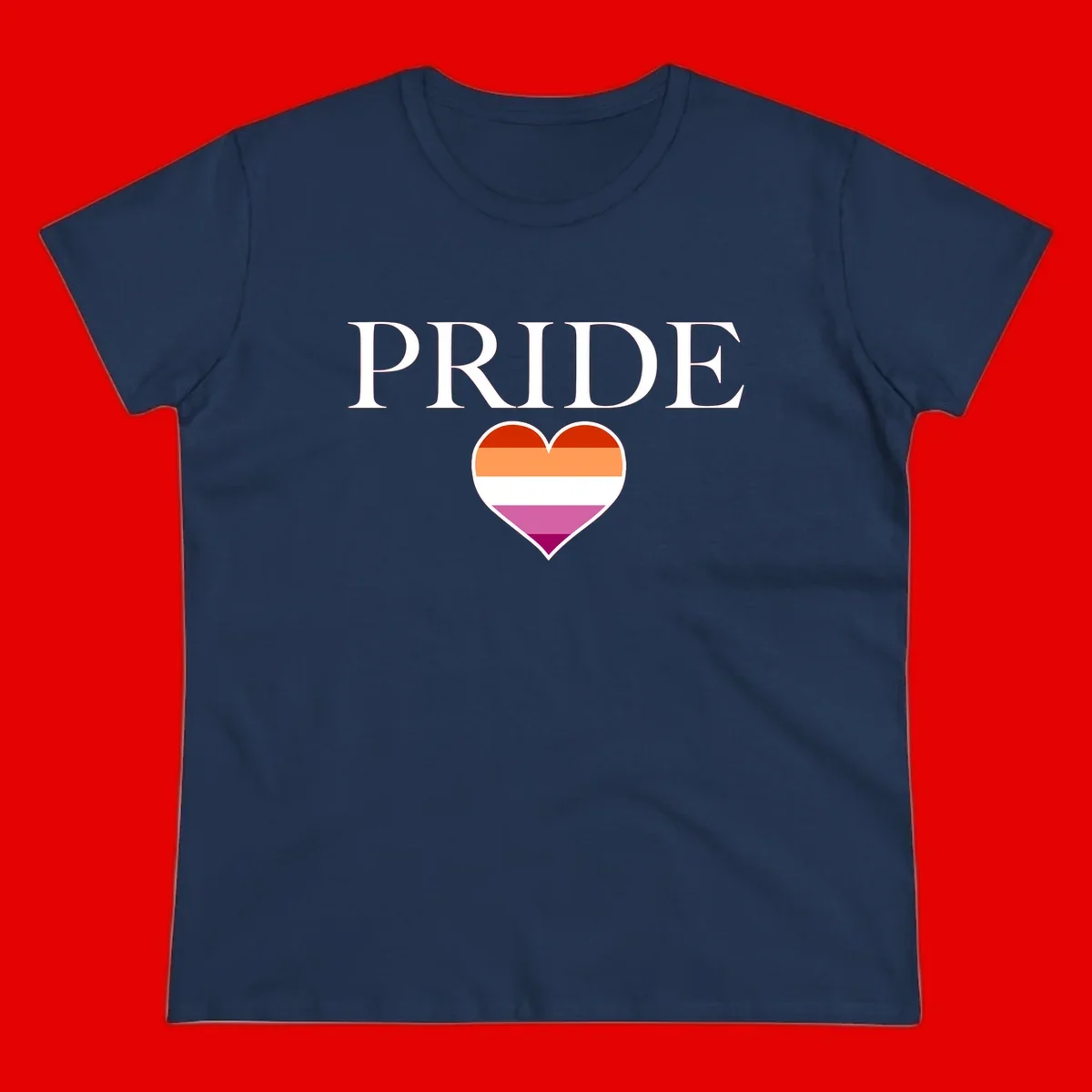 Pride flag heart design with red, orange, white, pink and magenta horizontal stripes and PRIDE text above