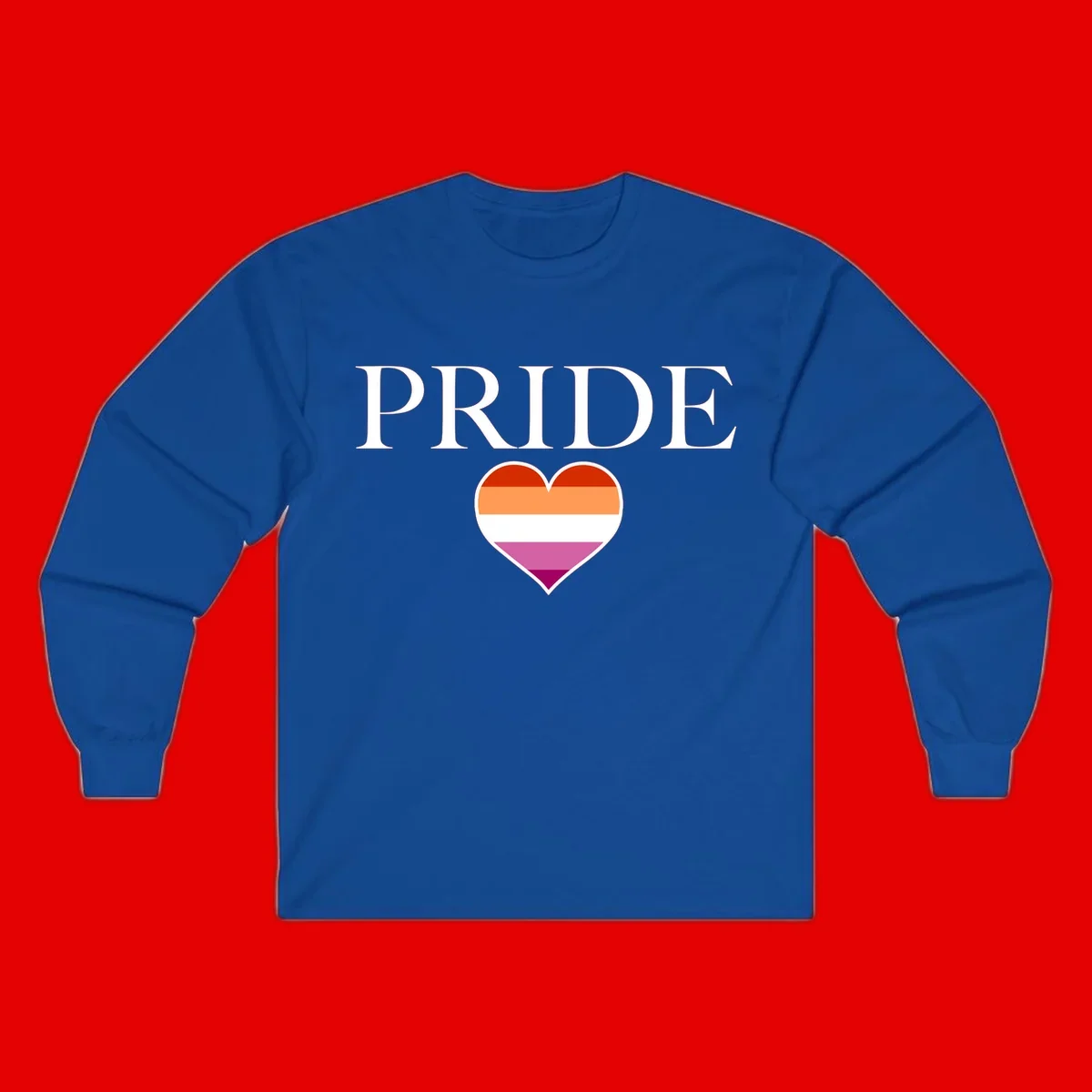 Pride flag heart design with red, orange, white, pink and magenta horizontal stripes and PRIDE text above