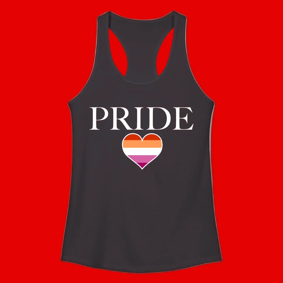 Pride flag heart design with red, orange, white, pink and magenta horizontal stripes and PRIDE text above