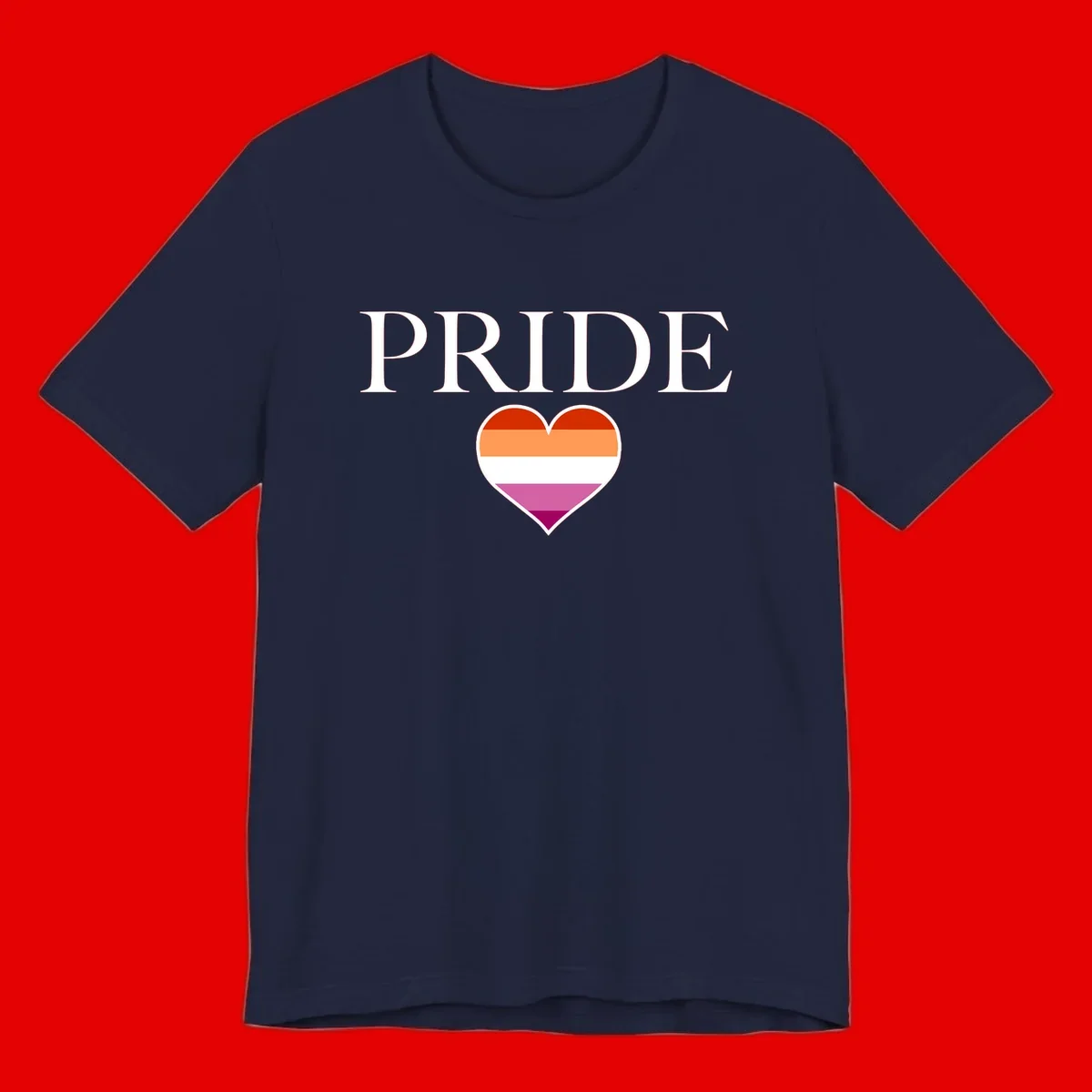 Pride flag heart design with red, orange, white, pink and magenta horizontal stripes and PRIDE text above