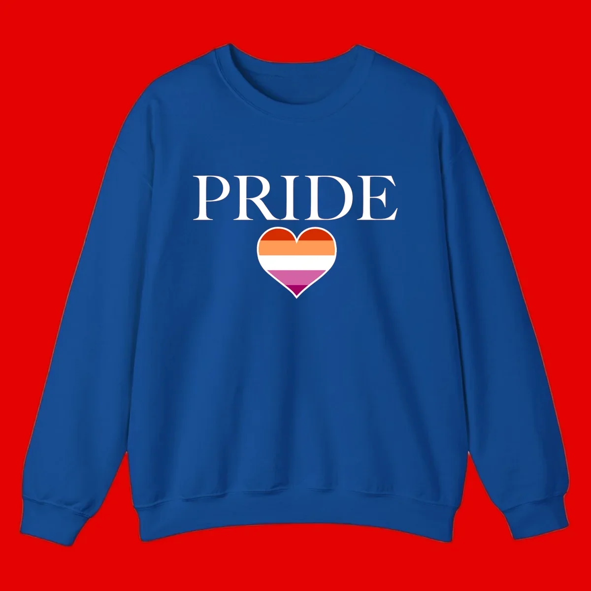 Pride flag heart design with red, orange, white, pink and magenta horizontal stripes and PRIDE text above