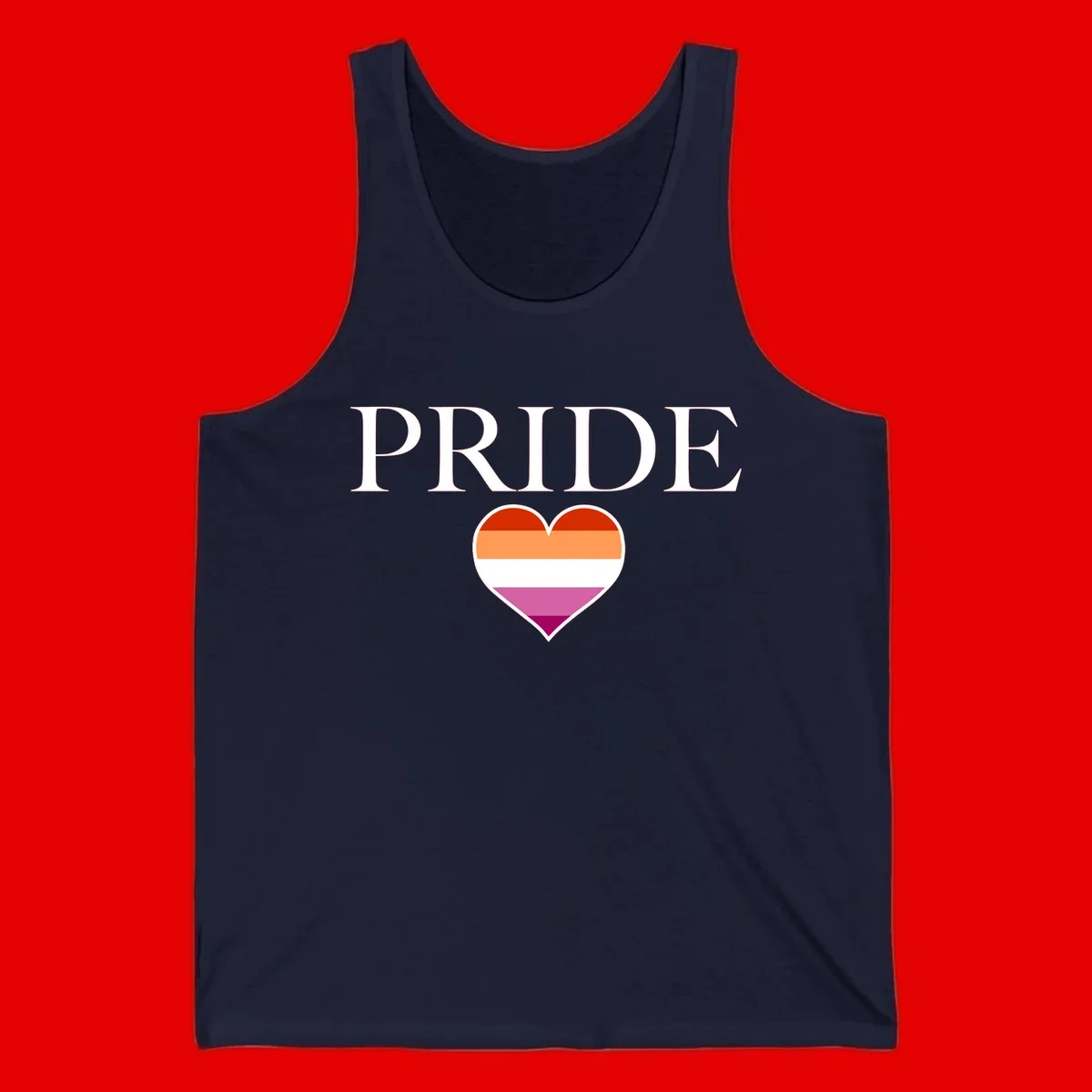 Pride flag heart design with red, orange, white, pink and magenta horizontal stripes and PRIDE text above
