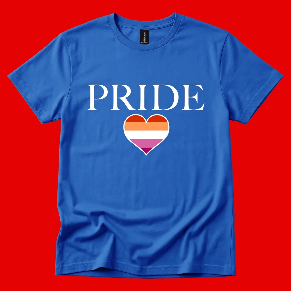 Pride flag heart design with red, orange, white, pink and magenta horizontal stripes and PRIDE text above
