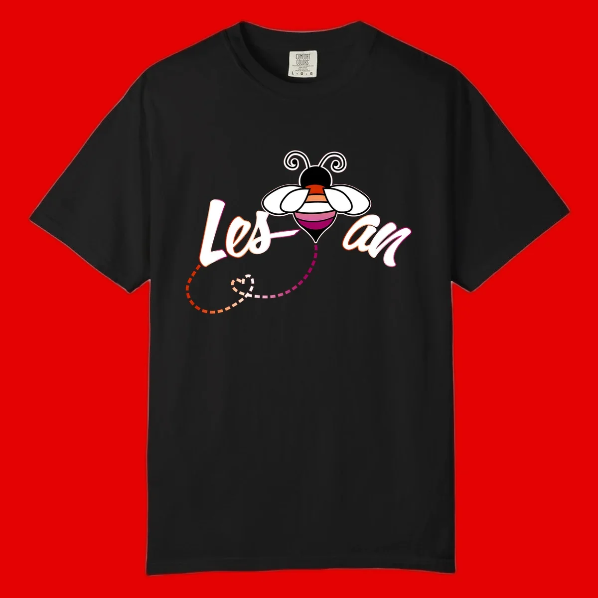 Colorful bee with spiral antennae and rainbow striped body above the word Love in flowing lettering with dashed trail