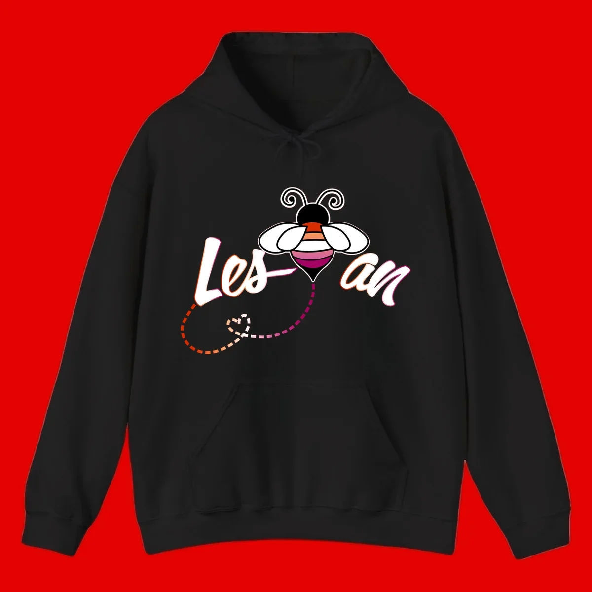 Colorful bee with spiral antennae and rainbow striped body above the word Love in flowing lettering with dashed trail