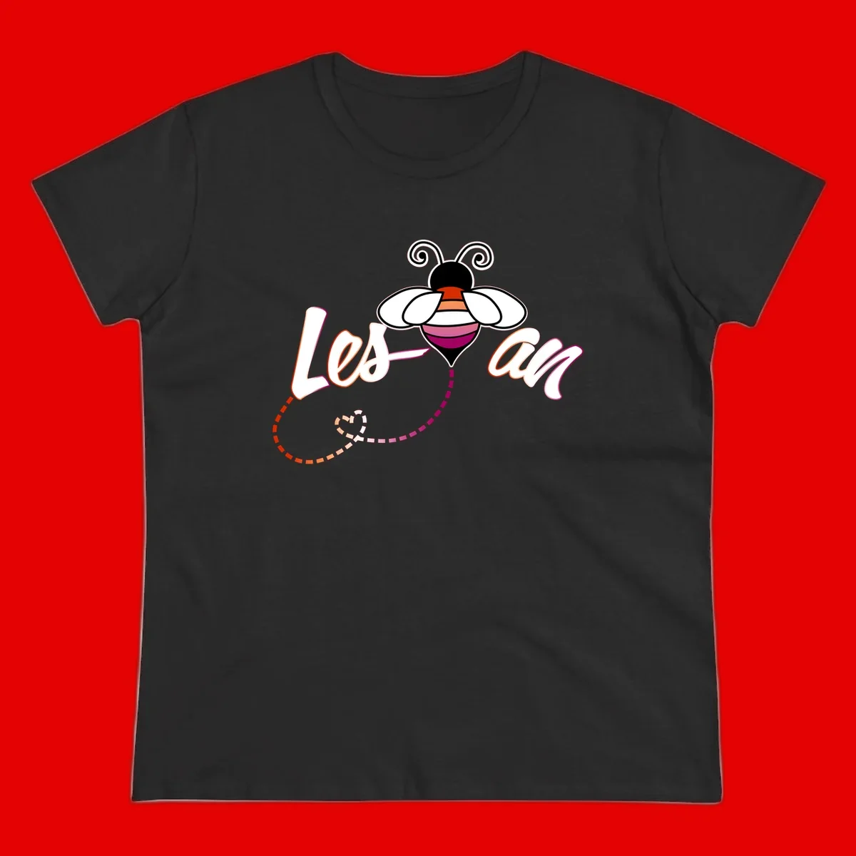 Colorful bee with spiral antennae and rainbow striped body above the word Love in flowing lettering with dashed trail