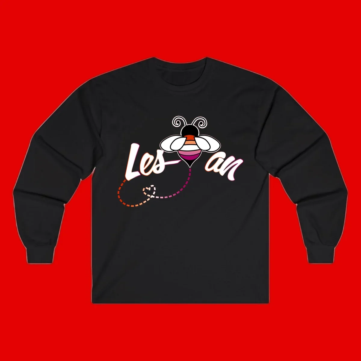Colorful bee with spiral antennae and rainbow striped body above the word Love in flowing lettering with dashed trail