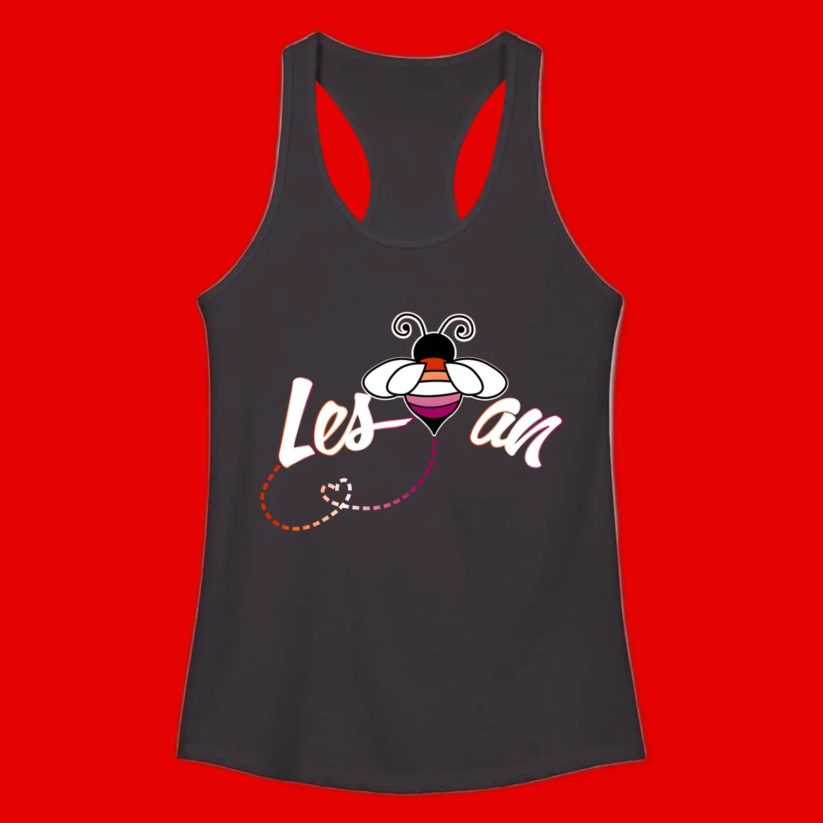 Colorful bee with spiral antennae and rainbow striped body above the word Love in flowing lettering with dashed trail