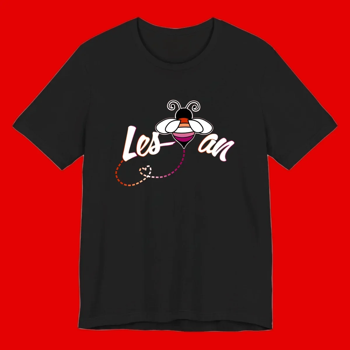 Colorful bee with spiral antennae and rainbow striped body above the word Love in flowing lettering with dashed trail