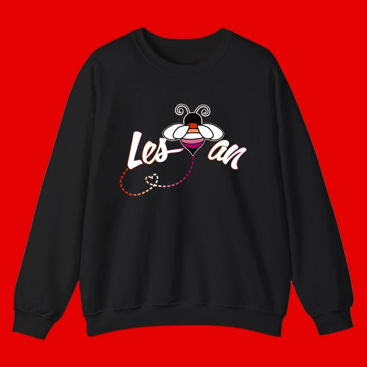 Colorful bee with spiral antennae and rainbow striped body above the word Love in flowing lettering with dashed trail