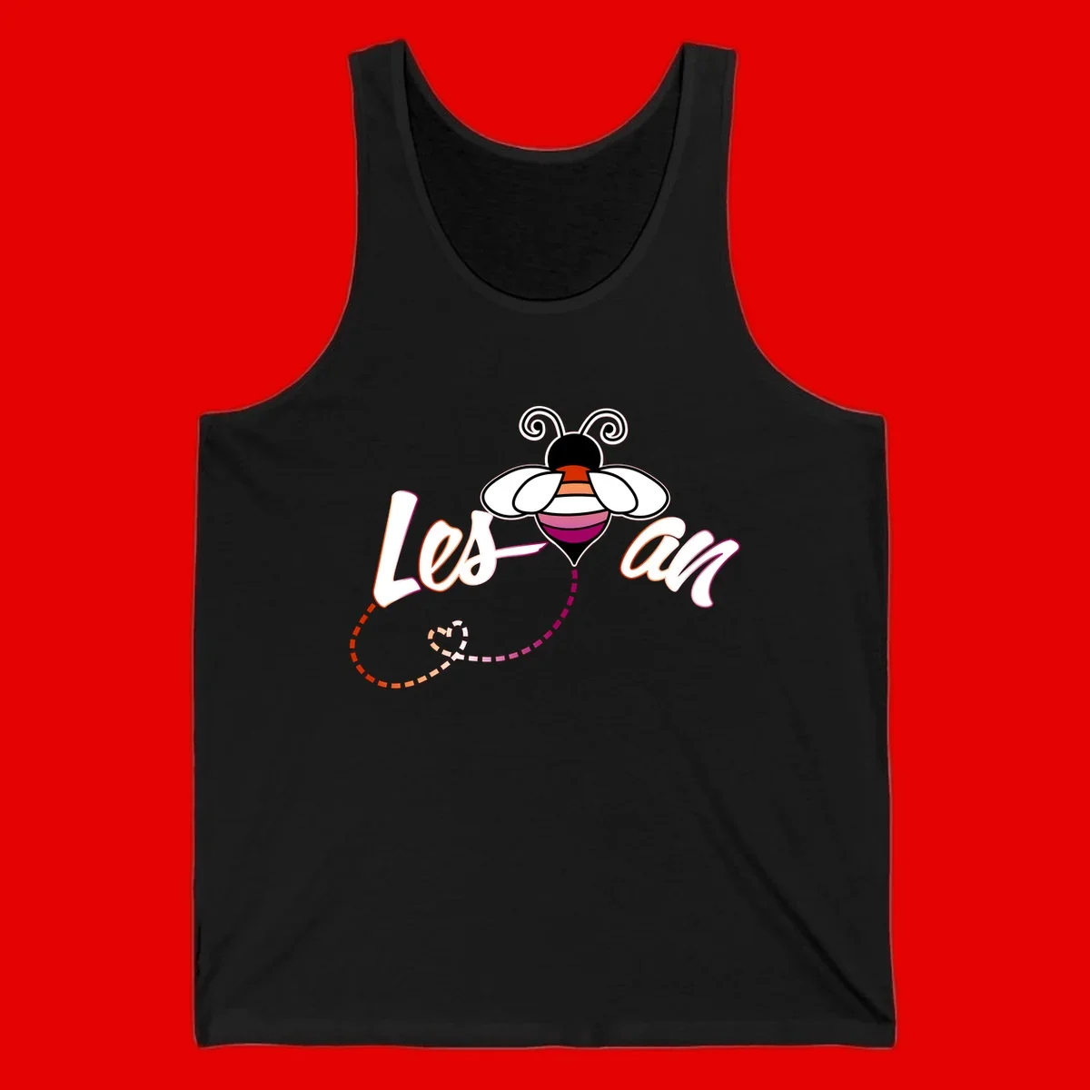 Colorful bee with spiral antennae and rainbow striped body above the word Love in flowing lettering with dashed trail