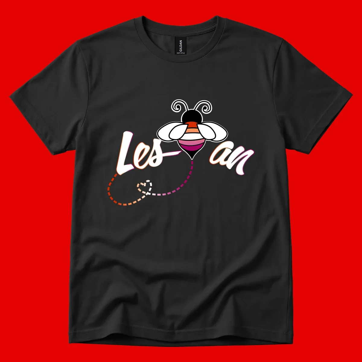Colorful bee with spiral antennae and rainbow striped body above the word Love in flowing lettering with dashed trail